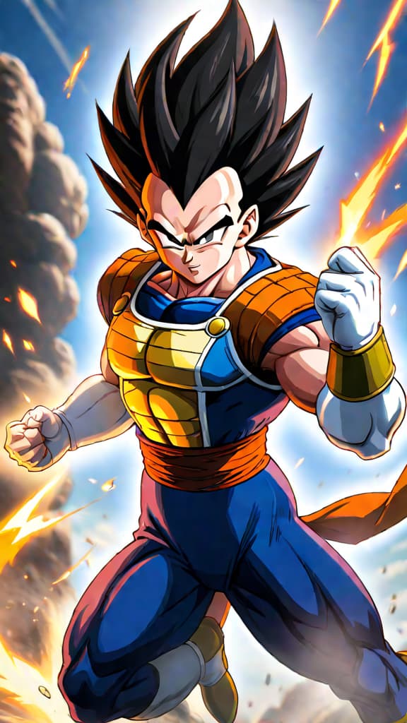  anime art: vegeta from dragon ball z struggles with babidi's power, torn between strength and identity. hyperrealistic, full body, detailed clothing, highly detailed, cinematic lighting, stunningly beautiful, intricate, sharp focus, f/1. 8, 85mm, (centered image composition), (professionally color graded), ((bright soft diffused light)), volumetric fog, trending on instagram, trending on tumblr, HDR 4K, 8K