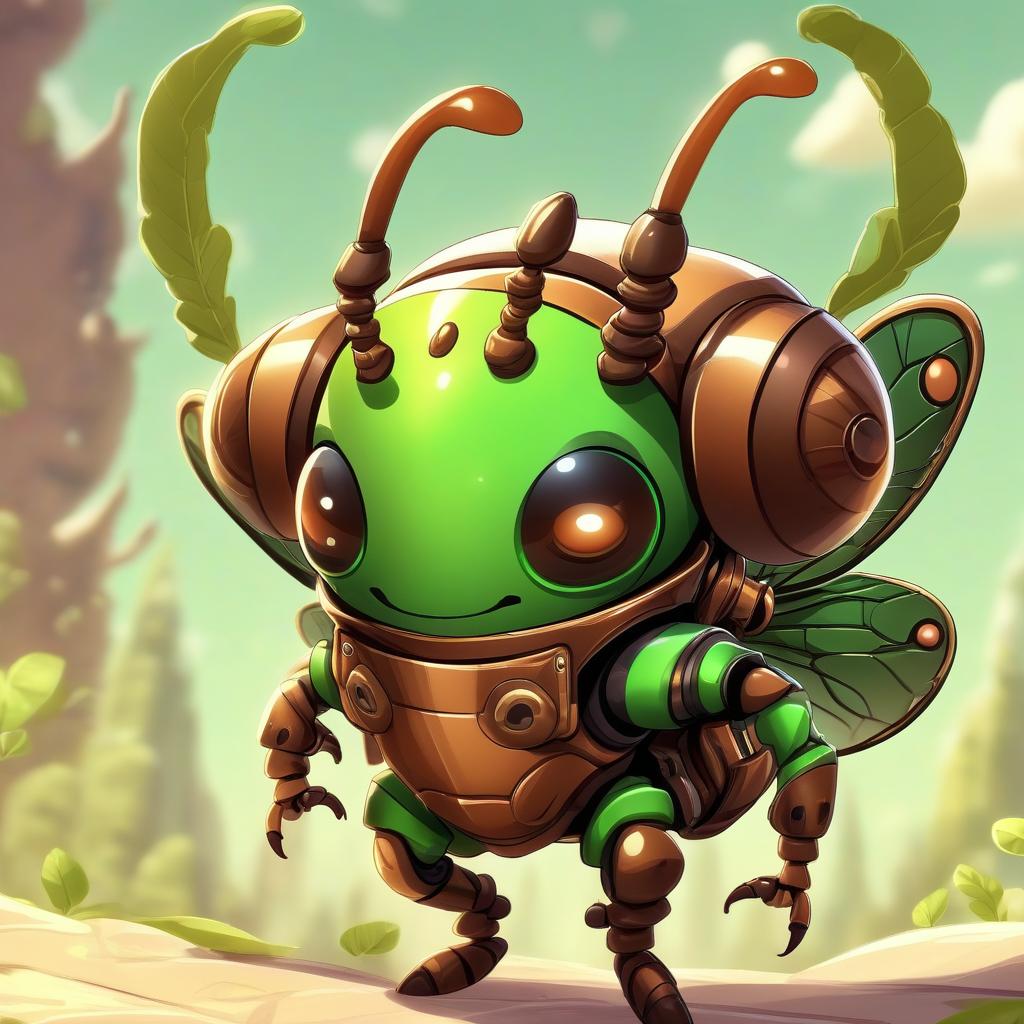  cute cartoon insect beetle character with a green body, big expressive eyes and a smile on his lips. on his head he has a huge brown helmet with goggles, giving him an adventurous look. the insect beetle stands confidently holding a blaster, he has graceful wings and long tendrils. the background is simple and bright inside the starship to emphasize the charm of the funny character with the weapon.