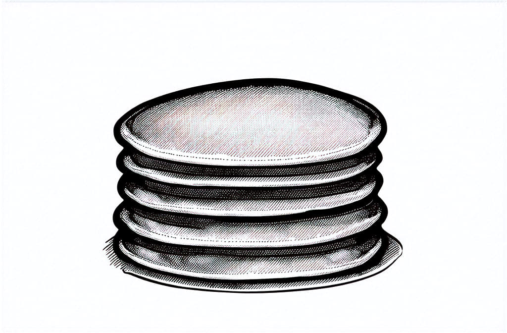  contour, very simple image in one unbroken black ink line, single line of pancakes stack, engraving illustration, icon isolated on white background ar 3:2 using a single continuous black line ink brushon white background, drawing should be created without lifting the pen, recognizable features of pancakes stack, engraving illustration, icon isolated on white background ar 3:2 in one unbroken line