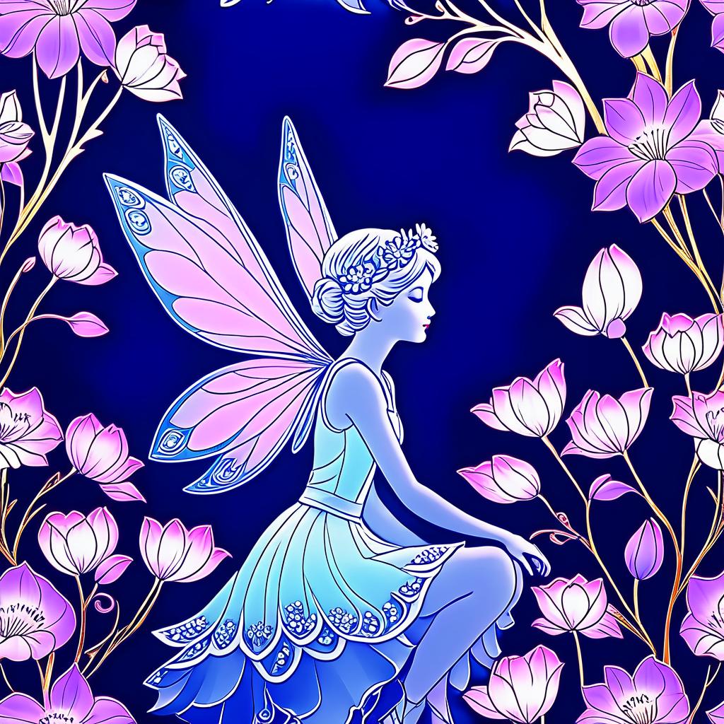  dreamscape ((flower fairy shop)) (( a small house with a tiled roof and carved windows surrounded by flowers of scarlet, pink, crocus1,5)) ((in the bud of a blossoming flower sits an enchanting fairy and invites customers into her shop. (1,5 fine, fine fractal glitter bright petal line gold ink sketch on dark blue background, (pixie petal silhouette:1,3), bud outline outline, bud outline, pixie fairy leaves with wings. (flower colour):alo pink, white pink, pearl blue, pearl blue, snow white) . (style):fetazi, art design, art deco, advertising, window display, (colours):soft pink, light lavender, white, soft green, all pastel shades. . surreal, ethereal, dreamy, mysterious, fantasy, highly detailed