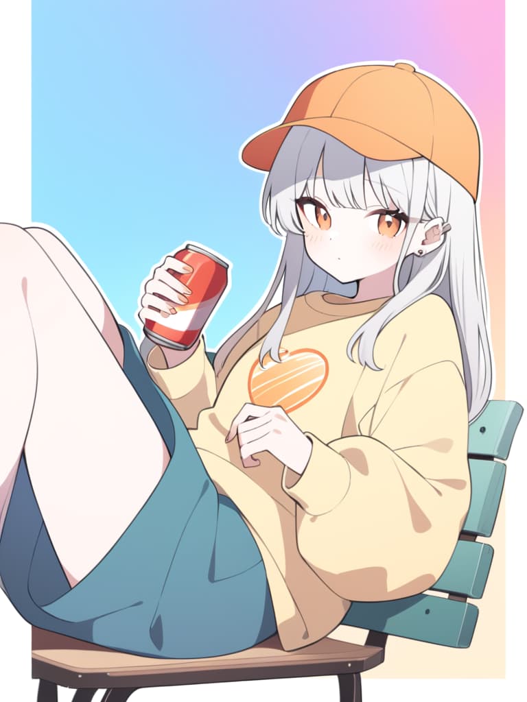  "a modern and stylish illustration of a girl sitting casually on a bench. she has long,silver hair,and is wearing an oversized sweatshirt with baggy pants.she is holding a can of soda in one hand and wearing an orange baseball cap that matches the accent colors of the background. the background is simple,with soft blue and orange tones,giving the image a warm and slightly retro vibe. the character has a calm,cool expression and some ear piercings,which add to her laid back,street style aesthetic. the art style is clean with bold outlines,and the colors are slightly muted,creating a soft and pleasing visual effect."