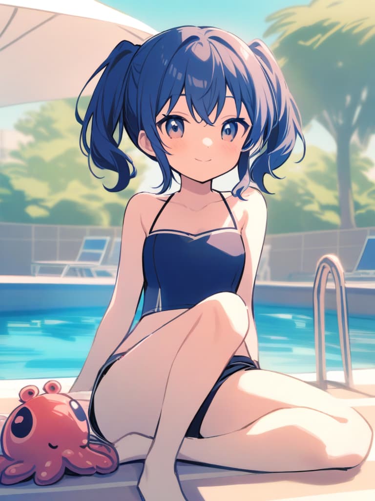  junior s, twin tails, cute smiles, navy blue, dark blue swimwear, dark blue , octopus (male stem), whole body, pool side,