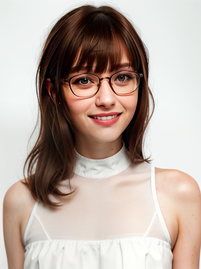  glasses, thin eyes, women, 1, white background, brown hair, bob, smiling, bangs, masterpiece, best quality,8k,ultra detailed,high resolution,an extremely delicate and beautiful,hyper detail