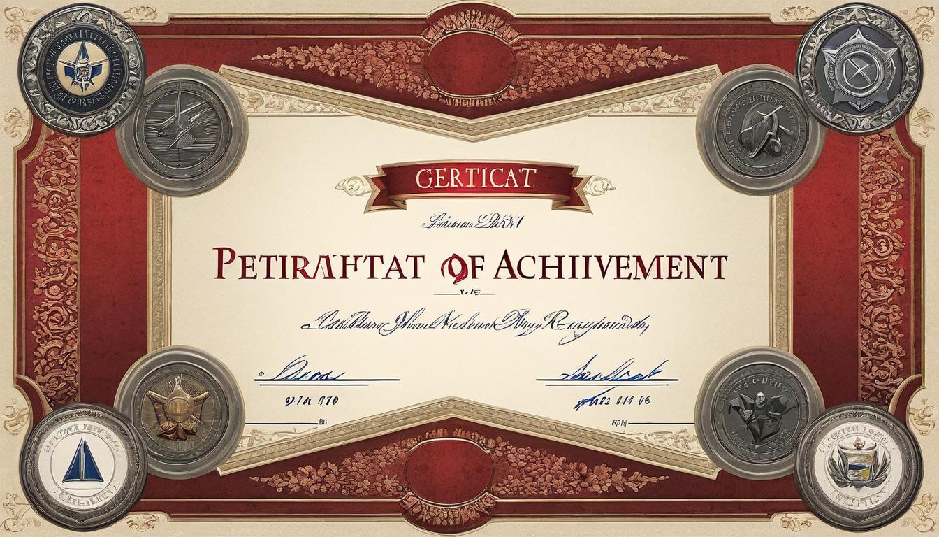  （surrealism)a certificate of achievement, prominently displayed, seal and signature visible, validation, recognition mystic, intricate details, best quality)