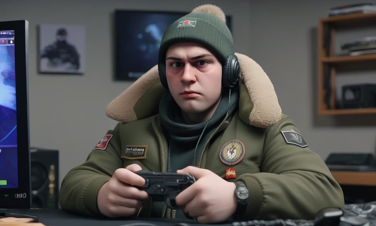  jäger kuzmich wearing a ushanka hat sits in his streaming room and plays pk in a shooter