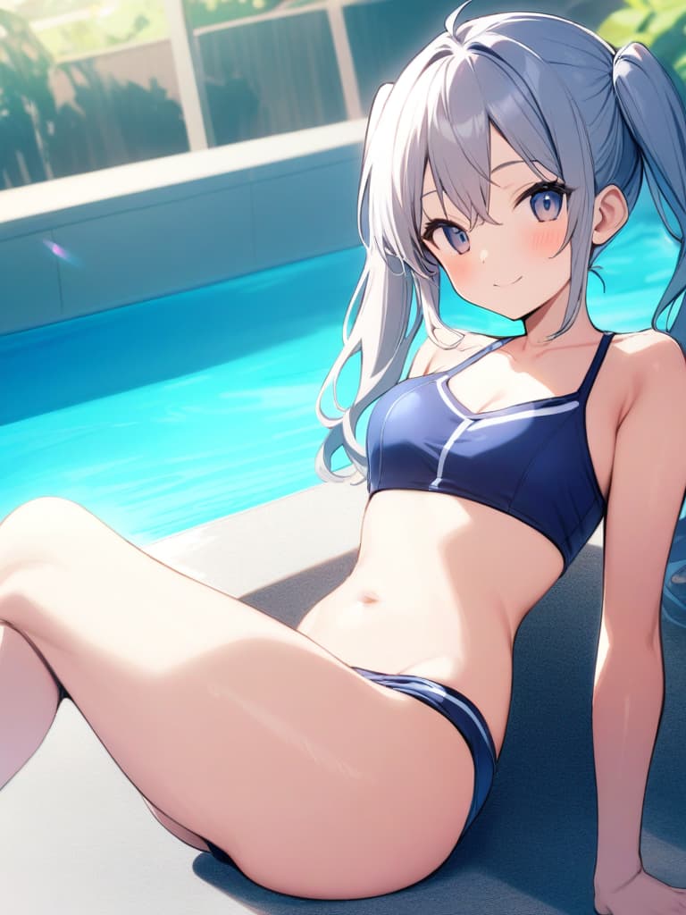  women's elementary students, twin tails, rich smiles, cute smiles, navy blue swimwear, old swimwear, swimwear, simple, male, shaped clear , shaped clear, clear stem, shaped crisp, male bulge,, front. the whole body, pool side,