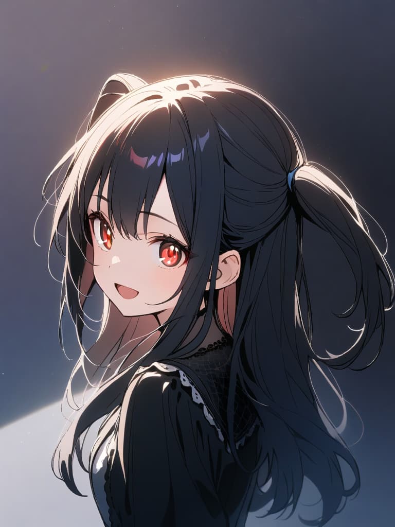  ultra detailed:1.2,masterpiece:1.2,best quality,masterpiece,bestquality,hdr:1.1,8k:1.1,very cute girl:1.3,((black hair,half up,long hair:1.9)),((two side up,twintail:1.4)),(red eyes,almond eyes:1.8),(cute smile:1.7),(harf open mouth:1.4),(upper body,from side:1.2),(from above:1.2)face focus:0.7,(black gothic lolita:1.6),looking away