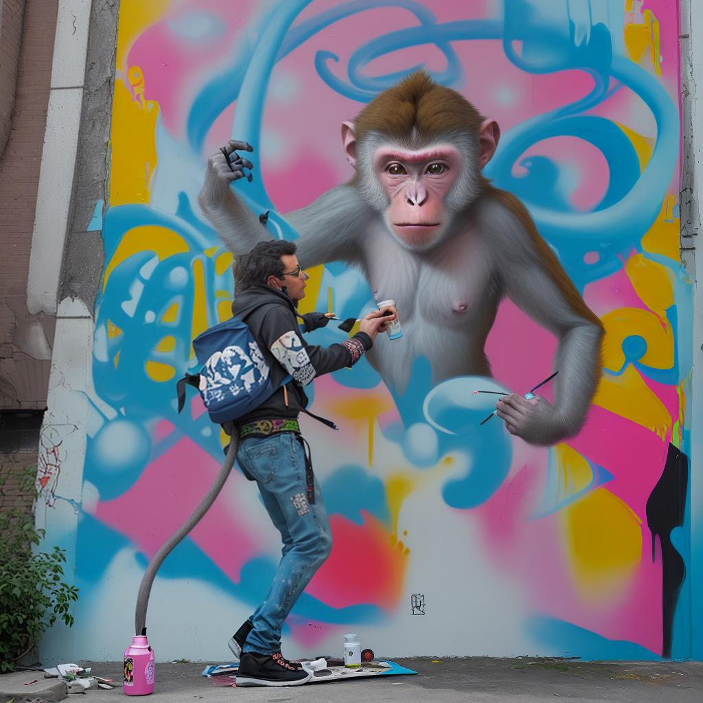  an artistic monkey spray painting a mural in an artistic neighborhood colorful hyper detailed