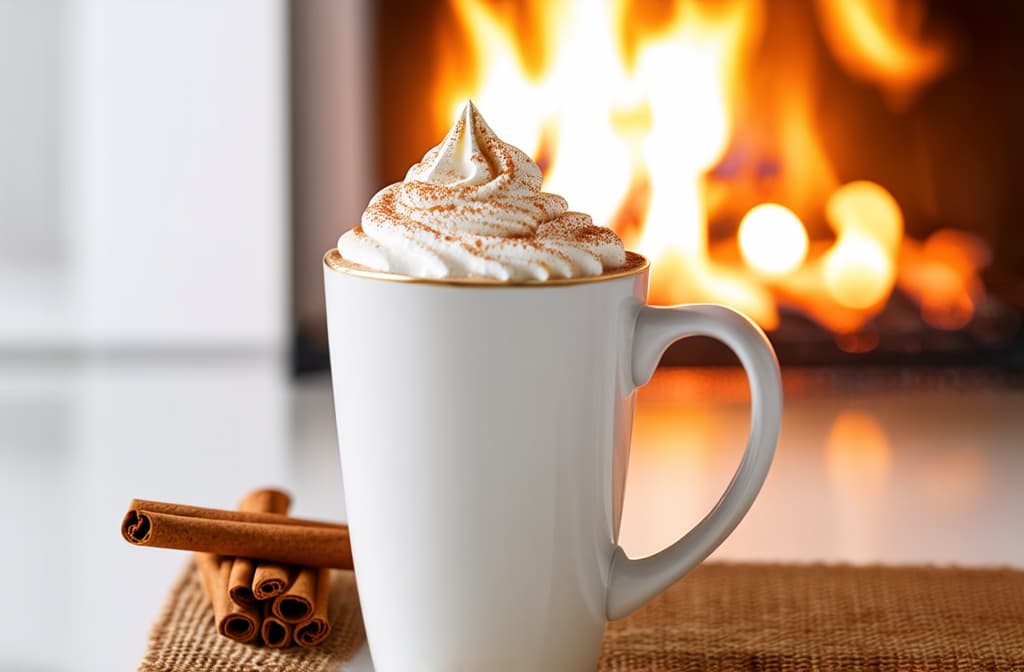  food gourmet photography style, christmas coffee in a white tall mug with whipped cream and cinnamon, cinnamon sticks nearby, bokeh on the background, cozy atmosphere, white light modern kitchen, fireplace burning on the background ar 3:2, appetizing, professional, culinary, high resolution, commercial, highly detailed ,soft natural lighting, macro details, vibrant colors, fresh ingredients, glistening textures, bokeh background, styled plating, wooden tabletop, garnished, tantalizing, editorial quality