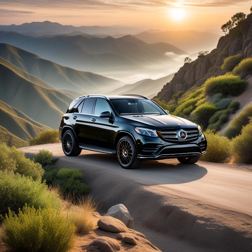  A tall black man getting out of a black Mercedes-Benz on top of a mountain in Southern California, looking at the sky with hands raised in praise. The scene captures a beautiful sunrise with rays of light flowing down the mountains and into the green valley below. The area is lush with greenery, depicting the beauty of nature in Southern California. hyperrealistic, full body, detailed clothing, highly detailed, cinematic lighting, stunningly beautiful, intricate, sharp focus, f/1. 8, 85mm, (centered image composition), (professionally color graded), ((bright soft diffused light)), volumetric fog, trending on instagram, trending on tumblr, HDR 4K, 8K