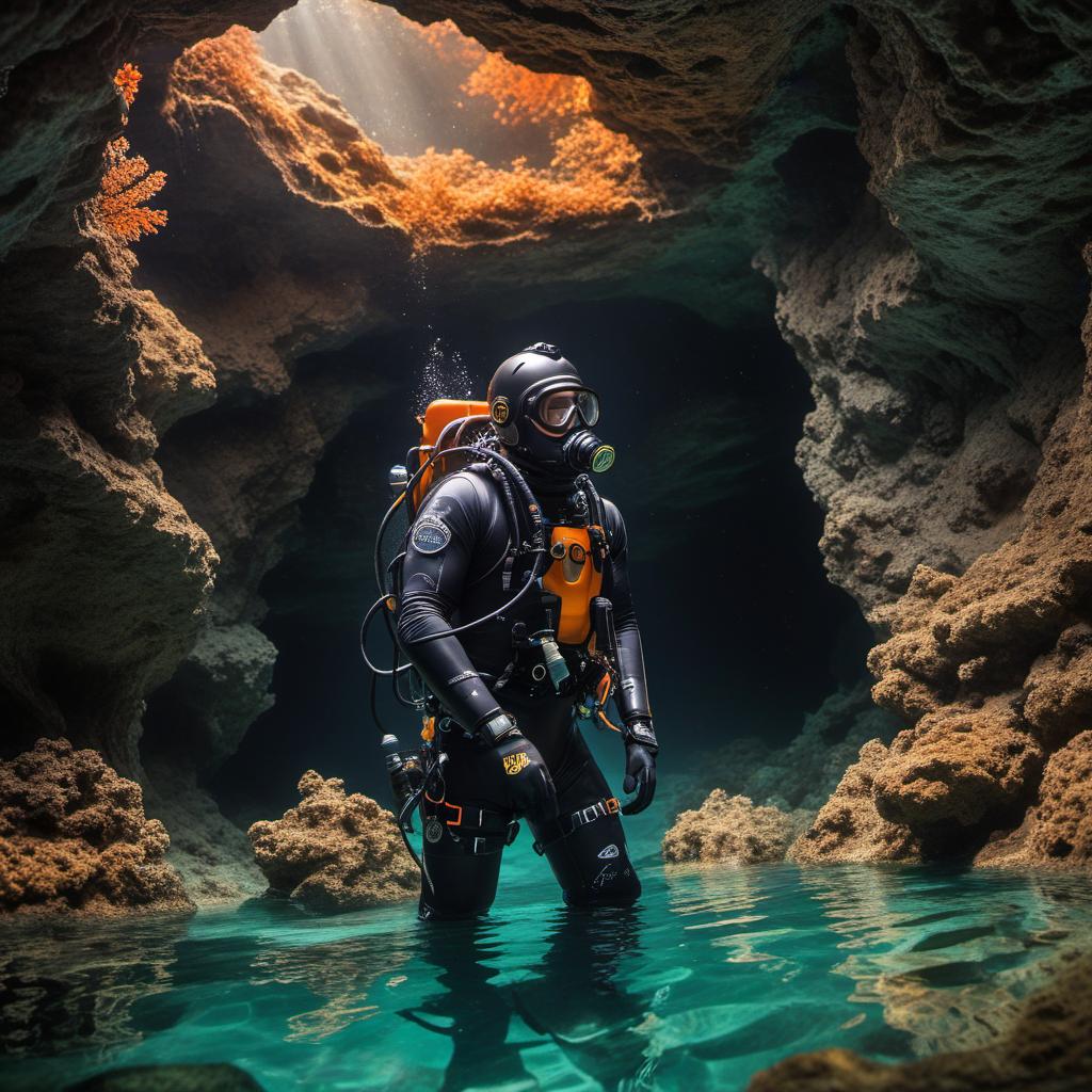  jb name, male, rebreather diver, thick loops, helmet in orange, cave diver, underwater, face view diver, fresh water, shoulder view, jb, mystical style