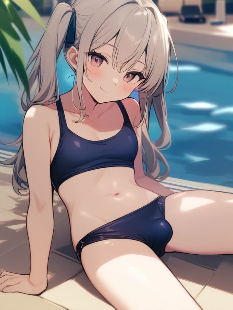  women's elementary students, twin tails, rich smiles, cute smiles, navy blue swimwear, old swimwear, swimwear, simple, male, shaped clear , shaped clear, clear stem, shaped crisp, male bulge,, front. the whole body, pool side,