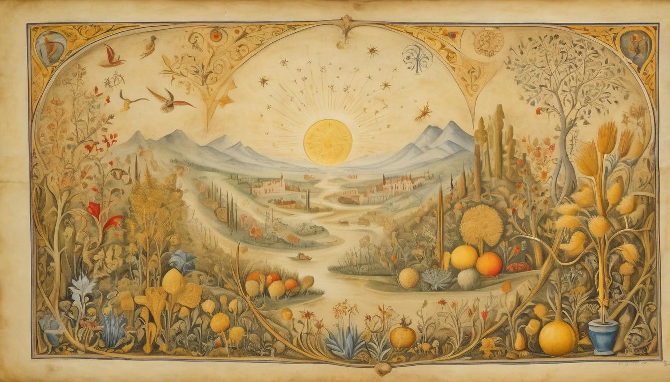  on parchment, surrealism++, divine garden, flourishing with golden plants, joyous aura, celestial happiness, spiritual completion(mysterious, provocative, symbolic)++