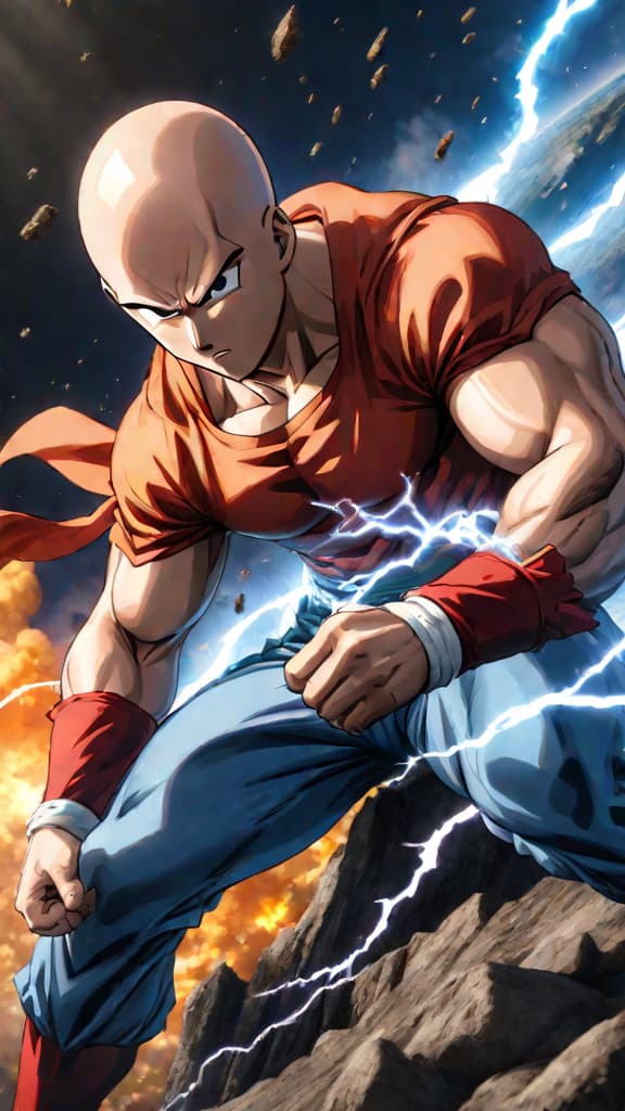  anime art: saitama's limitless power faces goku's boundless growth in an epic showdown. hyperrealistic, full body, detailed clothing, highly detailed, cinematic lighting, stunningly beautiful, intricate, sharp focus, f/1. 8, 85mm, (centered image composition), (professionally color graded), ((bright soft diffused light)), volumetric fog, trending on instagram, trending on tumblr, HDR 4K, 8K