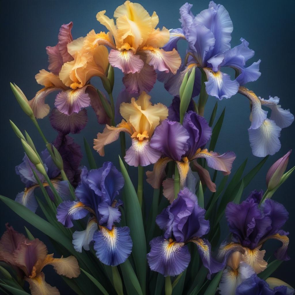  Bouquet of irises hyperrealistic, full body, detailed clothing, highly detailed, cinematic lighting, stunningly beautiful, intricate, sharp focus, f/1. 8, 85mm, (centered image composition), (professionally color graded), ((bright soft diffused light)), volumetric fog, trending on instagram, trending on tumblr, HDR 4K, 8K