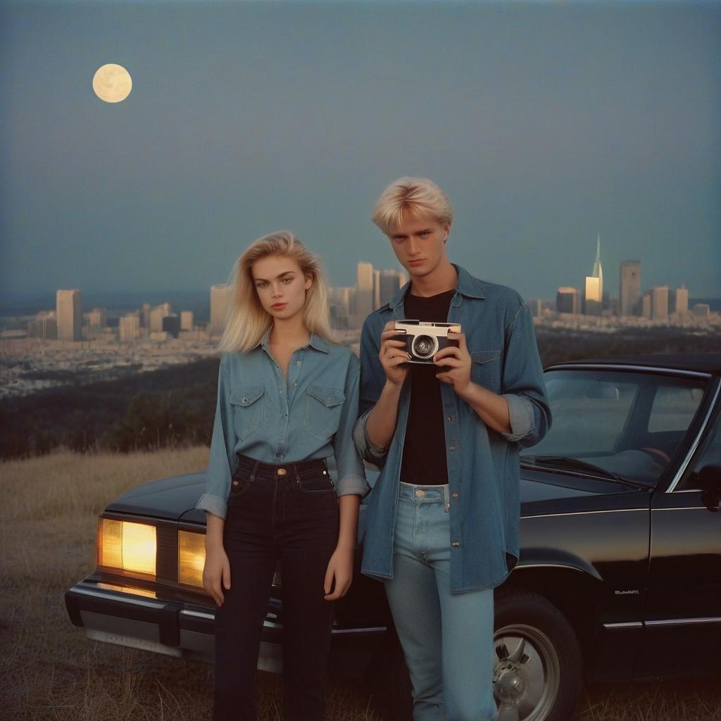  analog film photo a platinum blonde girl takes pictures on a polaroid in a black shirt and stands next to a blonde guy in a denim shirt, standing by a black car, a view from a hill, in the background the city, the time of dusk, a full light moon, the style of the 80 90s. . faded film, desaturated, 35mm photo, grainy, vignette, vintage, kodachrome, lomography, stained, highly detailed, found footage