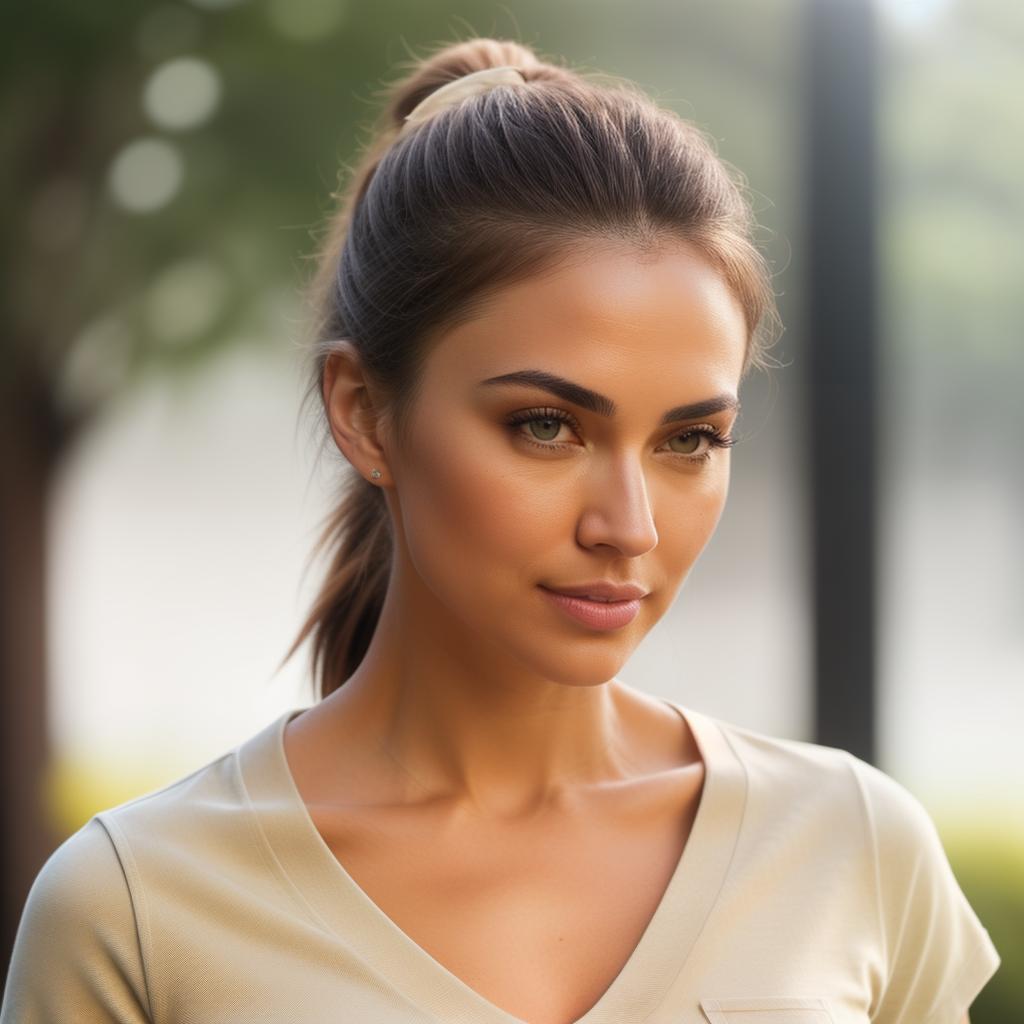  (((realistic full torso frontal head shot of a light beige to medium tan skin tone woman))), lore lily wagner, ((caucasian heritage)), immature face, hazel eye color, ((ponytail hair style)), ((black hair color)), ((skinny body type)), medium size, size, (immature narrow nose), (immature prominent cheekbones), (immature defined jawline), (immature medium lips), (immature high forehead), (immature symmetrical face), (immature soft eyebrows), standing straight looking directly into the camera,((wearing fitted polo shirt with deep v neck and monogrammed pocket)), backyard in background, 1girl, best quality, highest quality, award winning photo, masterpiece, raw, professional photography, photorealism, sharp focus, cinema hyperrealistic, full body, detailed clothing, highly detailed, cinematic lighting, stunningly beautiful, intricate, sharp focus, f/1. 8, 85mm, (centered image composition), (professionally color graded), ((bright soft diffused light)), volumetric fog, trending on instagram, trending on tumblr, HDR 4K, 8K