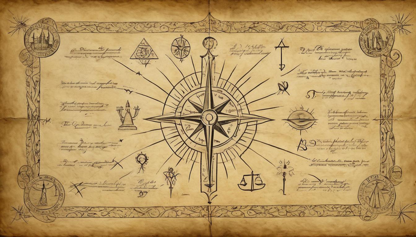  on parchment, surrealism++, glowing signpost, divine symbols pointing the way, heavenly light, spiritual directive, celestial guidance(mysterious, provocative, symbolic)++