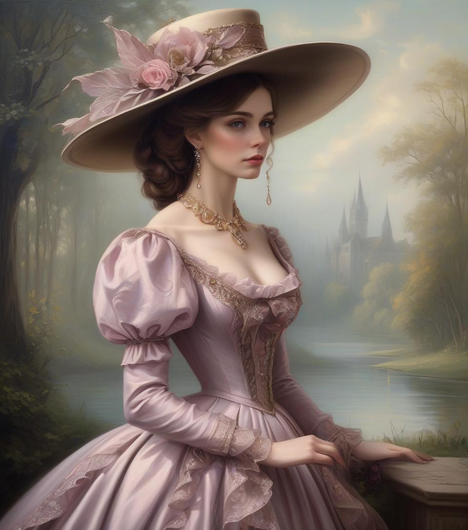  painting of a woman in a dress and hat of the victorian era, in the style of the 1850s, beautiful fantasy painting, romantic painting, fantasy style, elegant oil painting, elegant and exquisite painting, very beautiful fantasy painting, detailed 3d gothic romantic era, painting