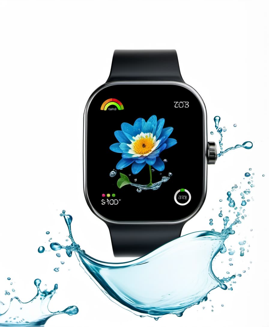  smart watch with a flower on the screen, around a splash of water, white background, film photography style