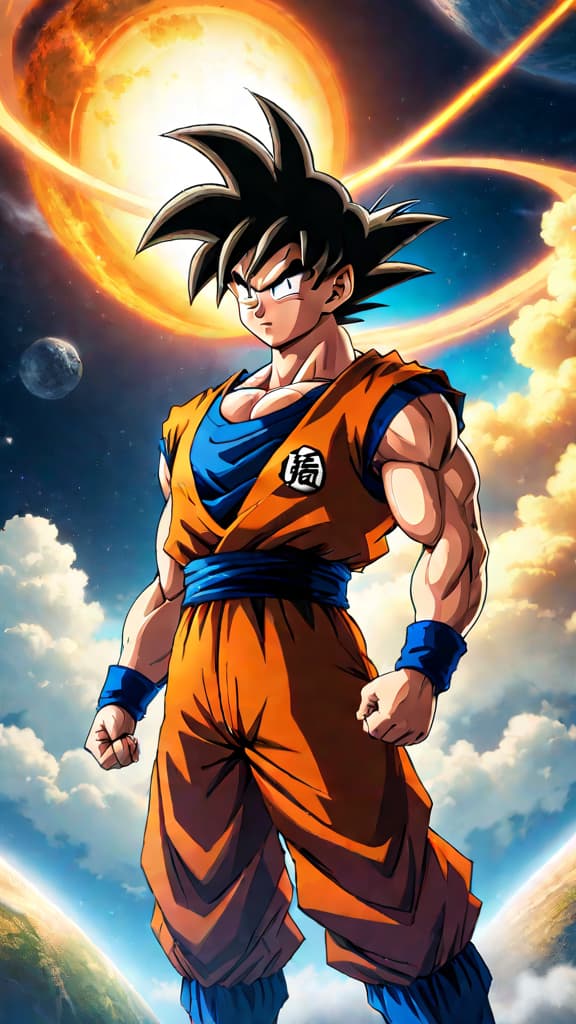  anime art: goku from dragon ball z, with cosmic power, hesitating to destroy earth. hyperrealistic, full body, detailed clothing, highly detailed, cinematic lighting, stunningly beautiful, intricate, sharp focus, f/1. 8, 85mm, (centered image composition), (professionally color graded), ((bright soft diffused light)), volumetric fog, trending on instagram, trending on tumblr, HDR 4K, 8K