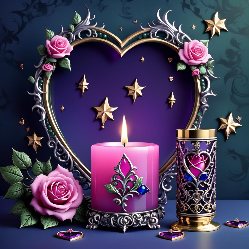  gothic style (background):colour:violet blue. (background decoration):silver frames in the shape of hearts and gold fancy stars. (centre):glass square pink candlestick and lighter decorated with fancy roses. (rose colour):pink, dark pink, with cream border. (leaf colour):dark green, green blue, light green. (style):fantasy, fantasy art design, jewellery, interior. . dark, mysterious, haunting, dramatic, ornate, detailed