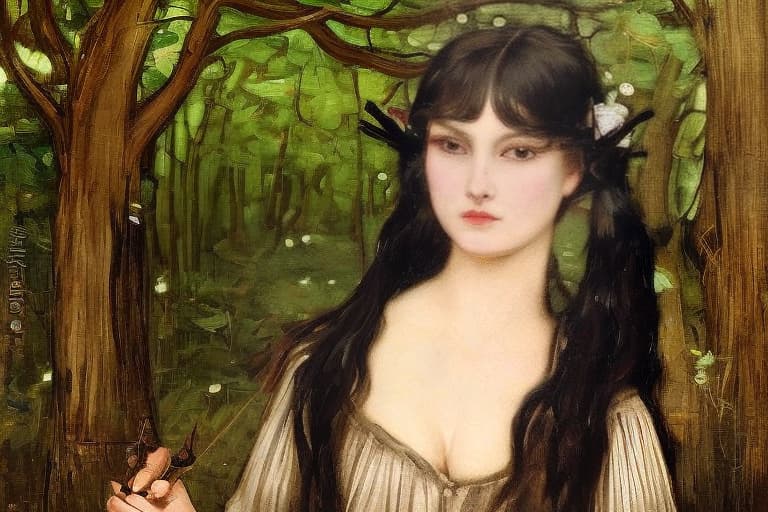 lnkdn photography Highly detailed moody dark Portrait of a breathtakingly lovely, wild Witchling nymph in the woods painted by John William Waterhouse . She has a beguiling face and is looking mischievously directly at the viewer. Her eyes are breathtakingly lovely, cheeky and engaging and mysterious. She has long, wild, dark hair. Gorgeous, ornate composition using the golden ratio.