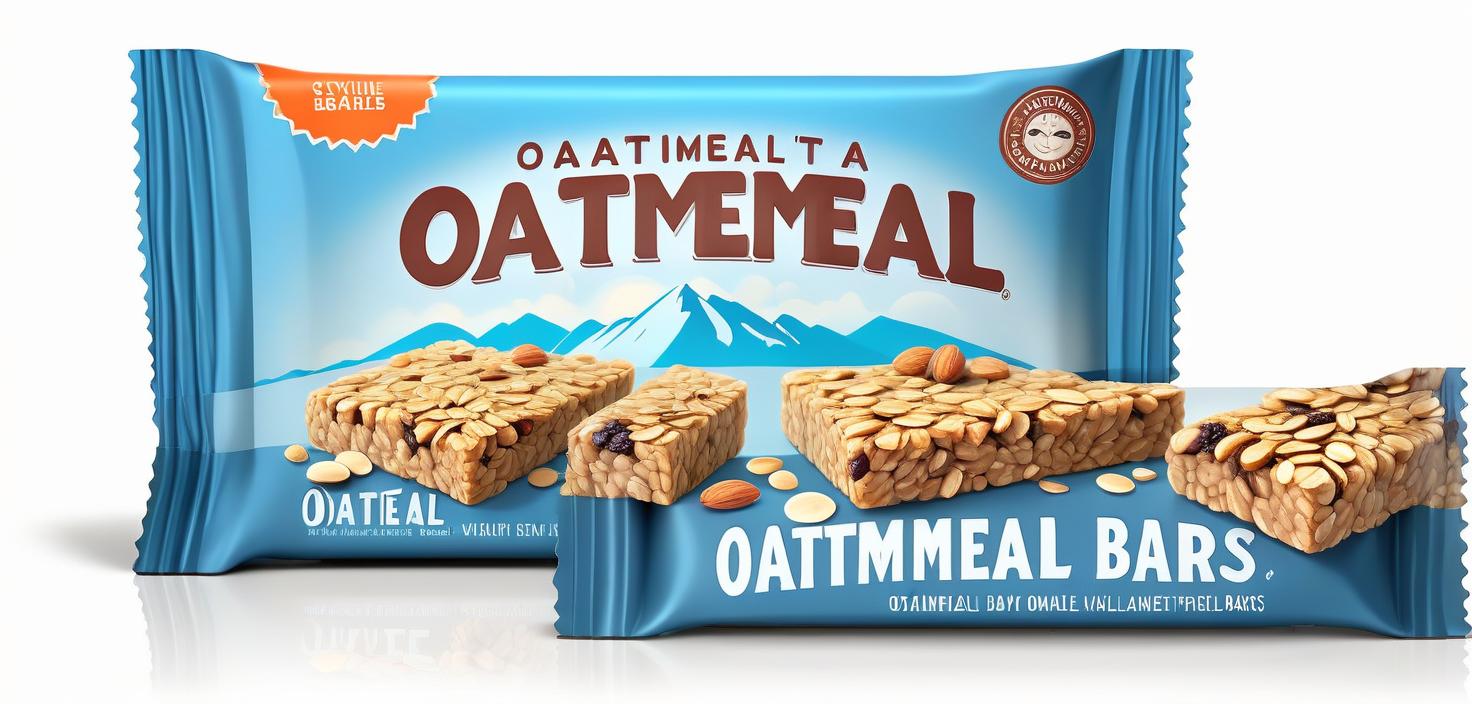  retail packaging style create a label for oatmeal bars on a white background . vibrant, enticing, commercial, product focused, eye catching, professional, highly detailed