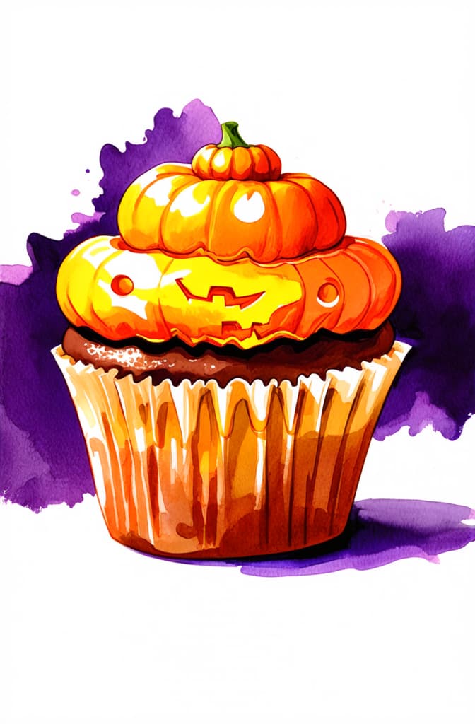  artwork hand drawn watercolor scary halloween cupcake isolated on white background ar 2:3, watercolor techniques, featuring fluid colors, subtle gradients, transparency associated with watercolor art