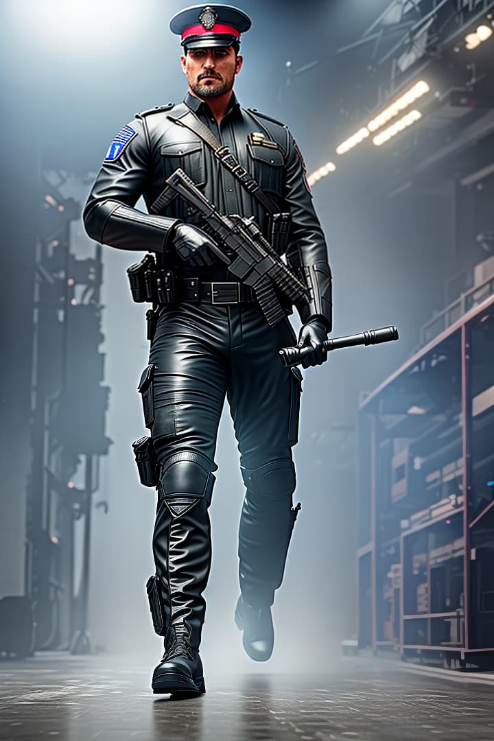  a barefoot policeman hyperrealistic, full body, detailed clothing, highly detailed, cinematic lighting, stunningly beautiful, intricate, sharp focus, f/1. 8, 85mm, (centered image composition), (professionally color graded), ((bright soft diffused light)), volumetric fog, trending on instagram, trending on tumblr, HDR 4K, 8K