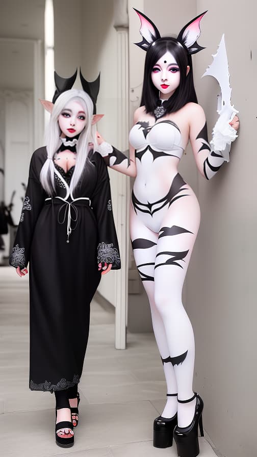  White and Blark bat pattern body paint in every corner of the body, White body paint all over the body, Grey face paint on the face, Two elfs, full body image 女性