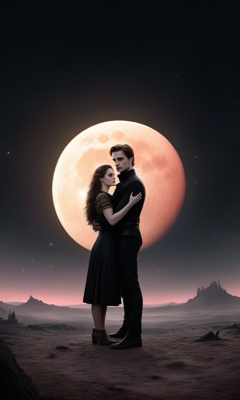  concept art pink, gold, black, white on the background of a huge moon eclipse robert pattison hugs christian steward they stand in the waist. twilight behind . digital artwork, illustrative, painterly, matte painting, highly detailed, perfect hands