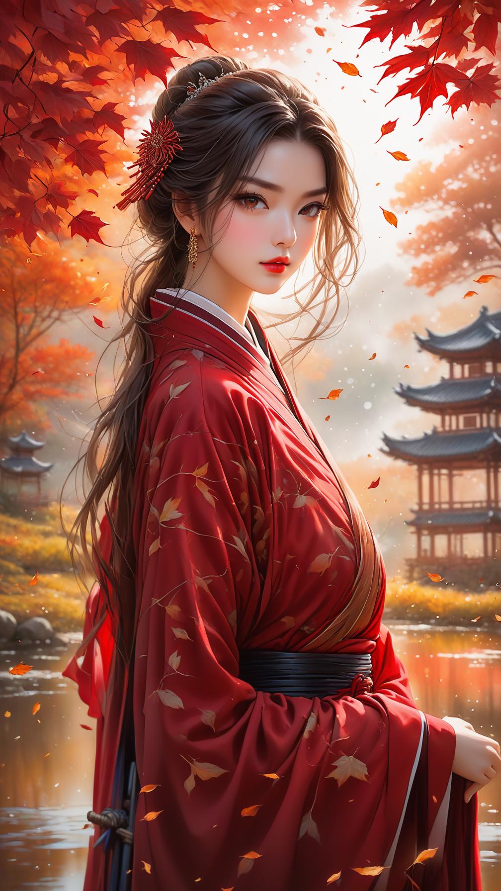  autumn colors, oil painting, traditional attire, ink wash, fallen leaves, pond, woman in red robe, sword, vibrant autumn hues, lively atmosphere, ((mysterious aura)), female figures, powerful, ancient style, ((dramatic lighting)), highly detailed photo, sharp details, best quality, 4k, raw photo, anime artwork, anime style, key visual, vibrant, studio anime, highly detailed