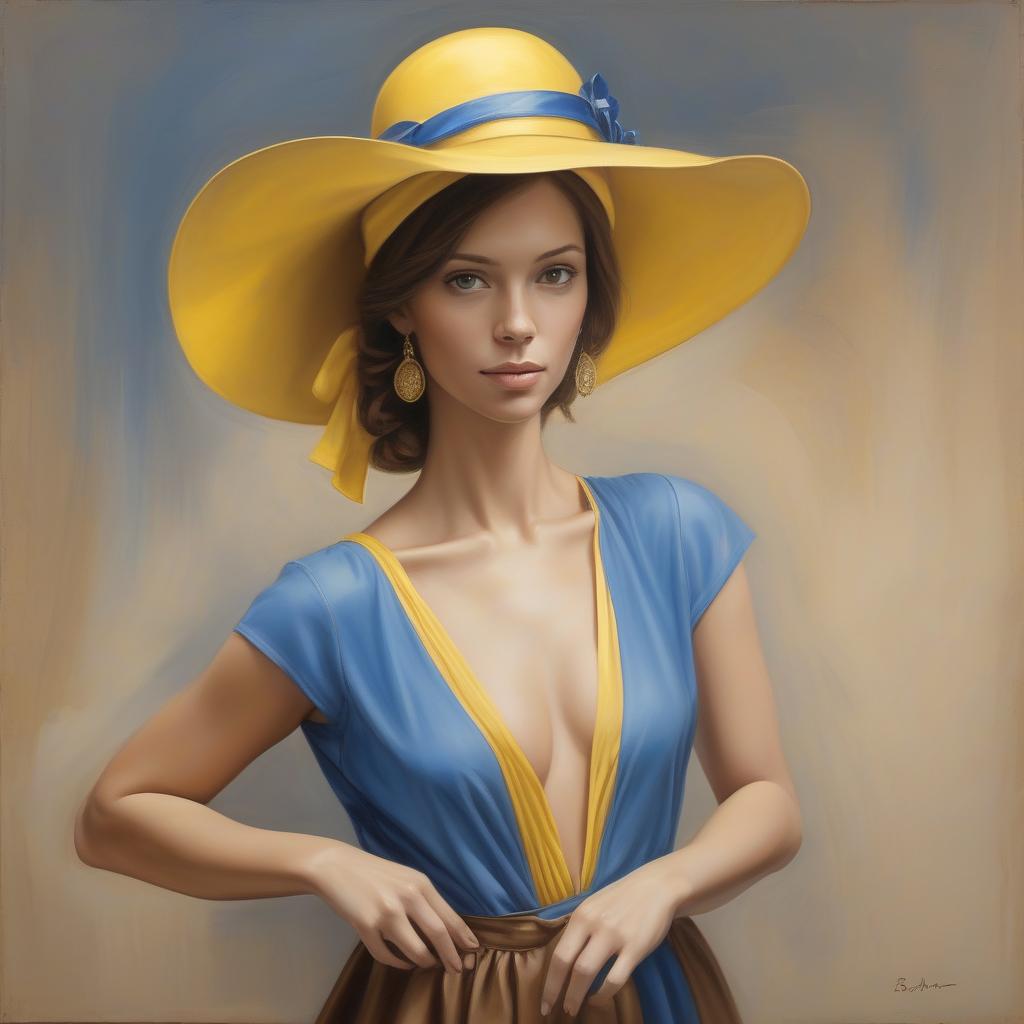  <mymodel> a painting of a woman with a yellow hat on her head and a blue dress on her body and a brown background, art brenner, figurative art, extremely detailed oil painting, a photorealistic painting