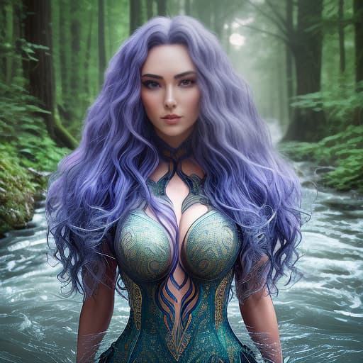  Surrealistic depiction of a woman with flowing hair that transforms into a river or forest hyperrealistic, full body, detailed clothing, highly detailed, cinematic lighting, stunningly beautiful, intricate, sharp focus, f/1. 8, 85mm, (centered image composition), (professionally color graded), ((bright soft diffused light)), volumetric fog, trending on instagram, trending on tumblr, HDR 4K, 8K