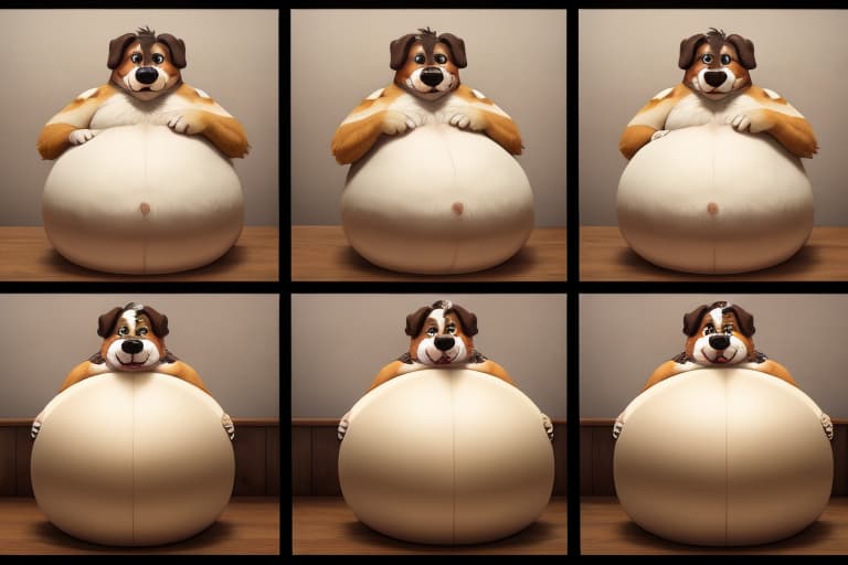  weight gain sequence, male, dog, four scenes, style of dogburger, open eyes, masterpiece, 4k, fine details,