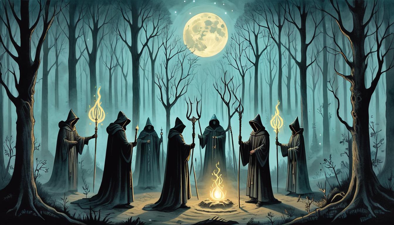  on parchment, surrealism+++, a ceremonial circle in the forest, hooded figures holding glowing staffs, chanting softly, moonlight filtering through trees, ritual, unity, mystic energy(mysterious, provocative, symbolic,muted color)+++