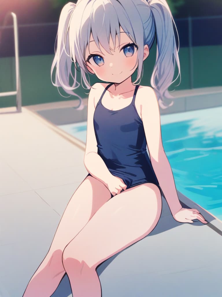  women's elementary students, dark blue swimwear, old swimwear, swimwear, , simple, male bulge, / swelling, shaped clear, , front, cute smile, twin tails, whole body, pool side, poolside,