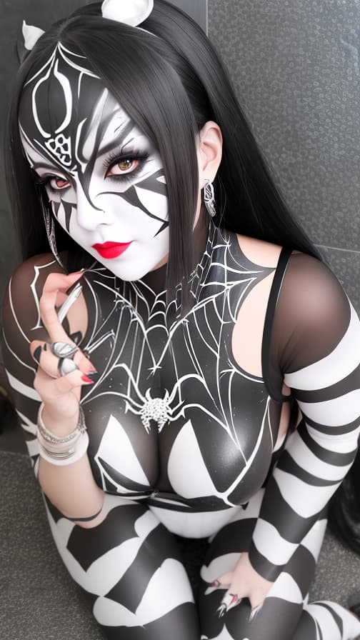  Black and White Spider-patterned body paint in every corner of the whole body, full-body, silver body paint,Silver face paint on the face,Two succubuses 女性