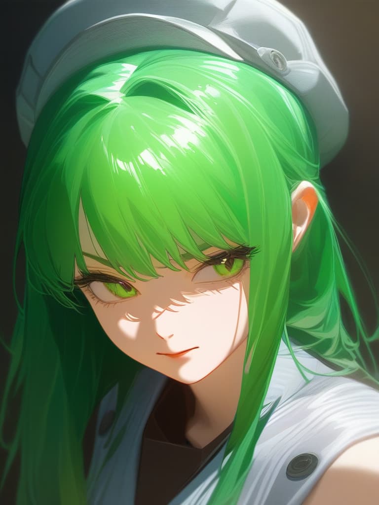  portrait view of a anime women,full white militar uniform hat,half face,joker mask,women face,photorealistic anime style,giger style,pop art tendencies,strong facial expression,(((green hair))),professional illustration,bold colors,chiaroscuro,beautiful shades,intense close ups,bright and glossy surface textures,octane render,zbrush ar 1:1 s 750