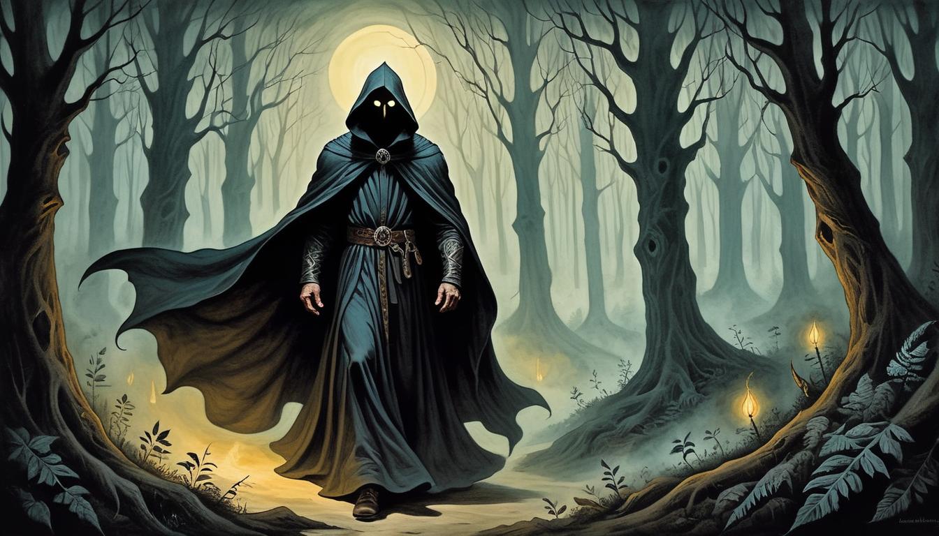  on parchment, surrealism+++, shadowed figure in a flowing cloak, deep forest, glowing eyes, unseen and unpredictable, mysterious and uncontrollable, surreal presence, sense of formidable power.(mysterious, provocative, symbolic,muted color)+++