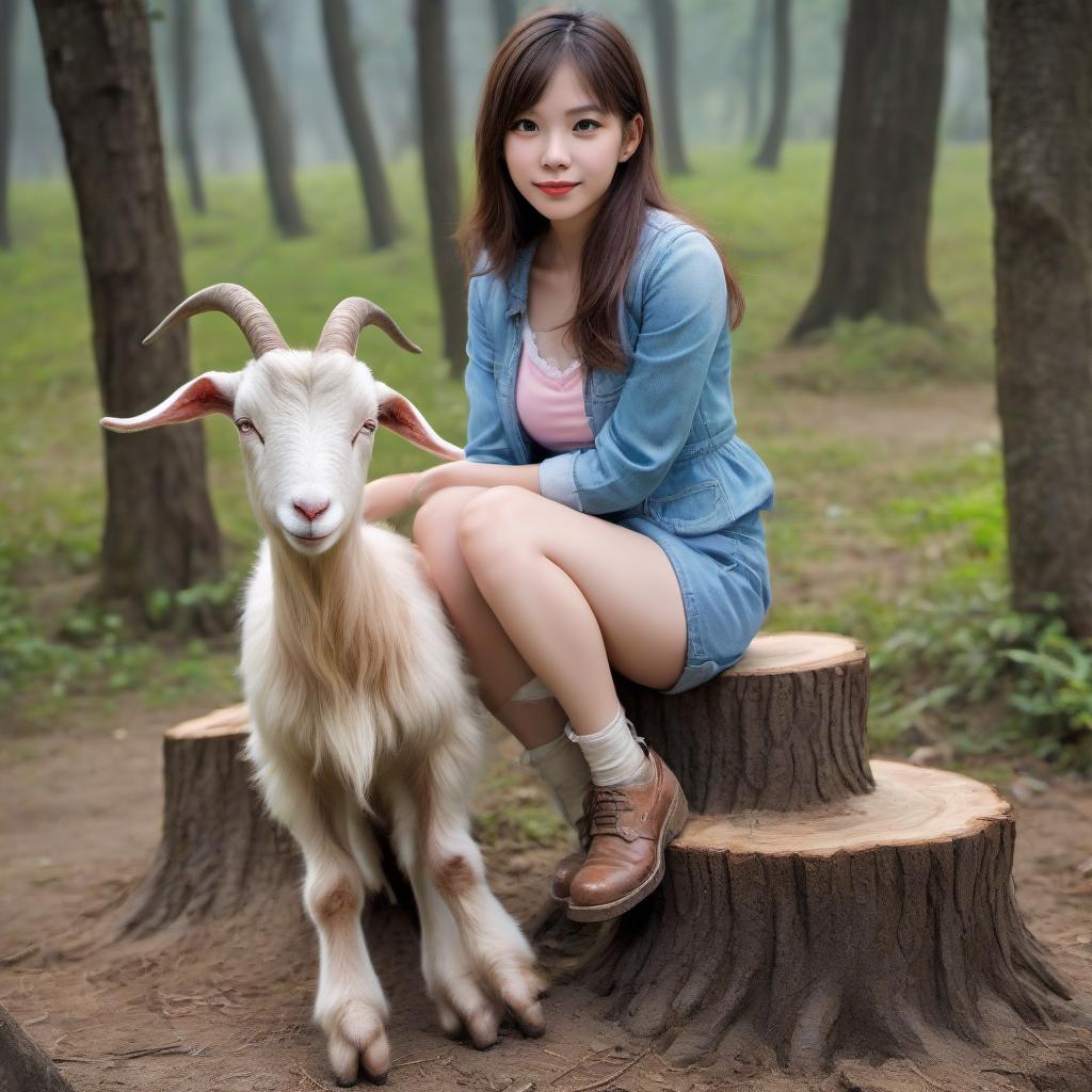  satire girl, goat legs, sitting on a stump, hkmagic