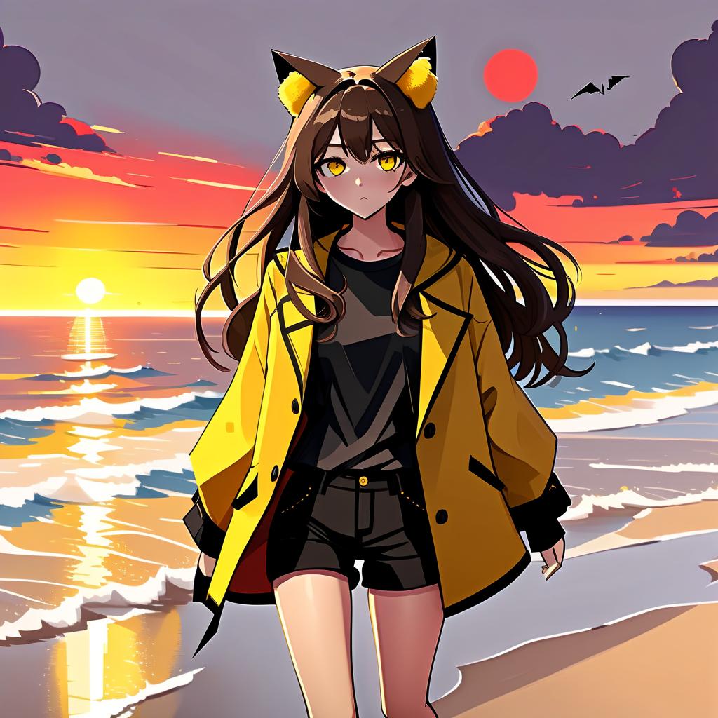  architectural style an anime girl with cat ears walks down the beach. she has long dark brown hair, which flies slightly in the breeze. her face, with pronounced jewish and slavic features, radiates lively energy. brown eyes are full of deep emotions, as if reflecting the vast expanses of the ocean. she wears a bright yellow coat, which seems to shine, catching the eye and contrasting with the soft shades of the sunset. under her coat she wears a black shirt and black shorts are decorated with yellow elements, creating a stylish and dynamic look. a bright red sunset turns into night, and the bright red rays of the sun fall on the terrain and contrast with the night darkness. . clean lines, geometric shapes, minimalist, modern, architectural