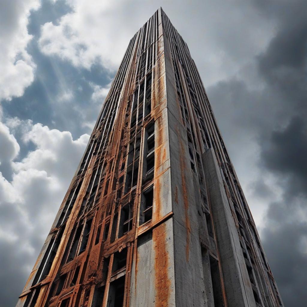  hyperrealistic art a high building of concrete in the form of a skyscraper, rusty reinforcement, rust leaks, the structure goes beyond the clouds, the structure is not completed, realistically, the structure is solid from concrete, the structure has no windows, the structure is narrow and high . extremely high resolution details, photographic, realism pushed to extreme, fine texture, incredibly lifelike