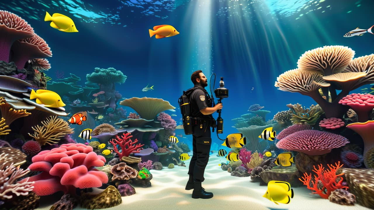  an aquarium specialist examining vibrant coral reefs, surrounded by diverse tropical fish, holding a water testing kit, with colorful tanks in the background, under soft, natural lighting. hyperrealistic, full body, detailed clothing, highly detailed, cinematic lighting, stunningly beautiful, intricate, sharp focus, f/1. 8, 85mm, (centered image composition), (professionally color graded), ((bright soft diffused light)), volumetric fog, trending on instagram, trending on tumblr, HDR 4K, 8K