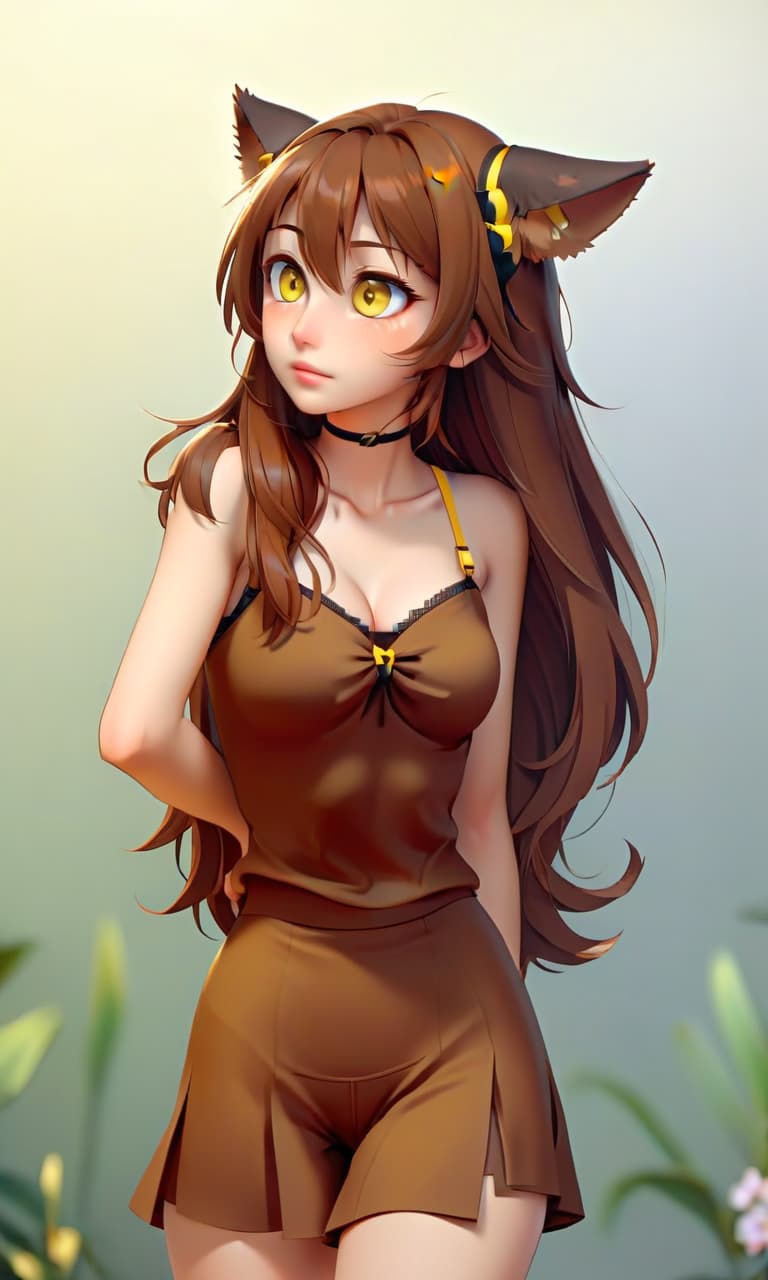  shy look, yellow eyes, brown hair, brown cat ears, attractive open underwear