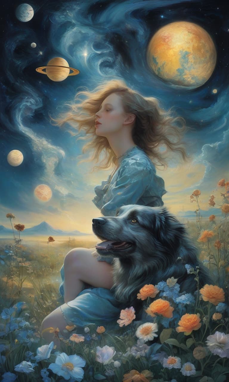  space themed digital art (double exposition: 1.3) girl with a border collie dog (girl: 1.5), around flowers, grass, blue sea. the effect of magic, mysticism, fairy tales, surrounded by fantasy art, arabesque, glitter, surge of fantasy, unearthly light effects, an exciting palette of colors, extremely detailed, in high resolution 10k. surrealism, realism, fantasy, baroque, renaissance. imagination and skill. in the manner of julia dillon, van gogh, salvador dali, mickey asai, alphonse mucha, robert bateman, thomas kincaid, fragonard. . cosmic, celestial, stars, galaxies, nebulas, planets, science fiction, highly detailed