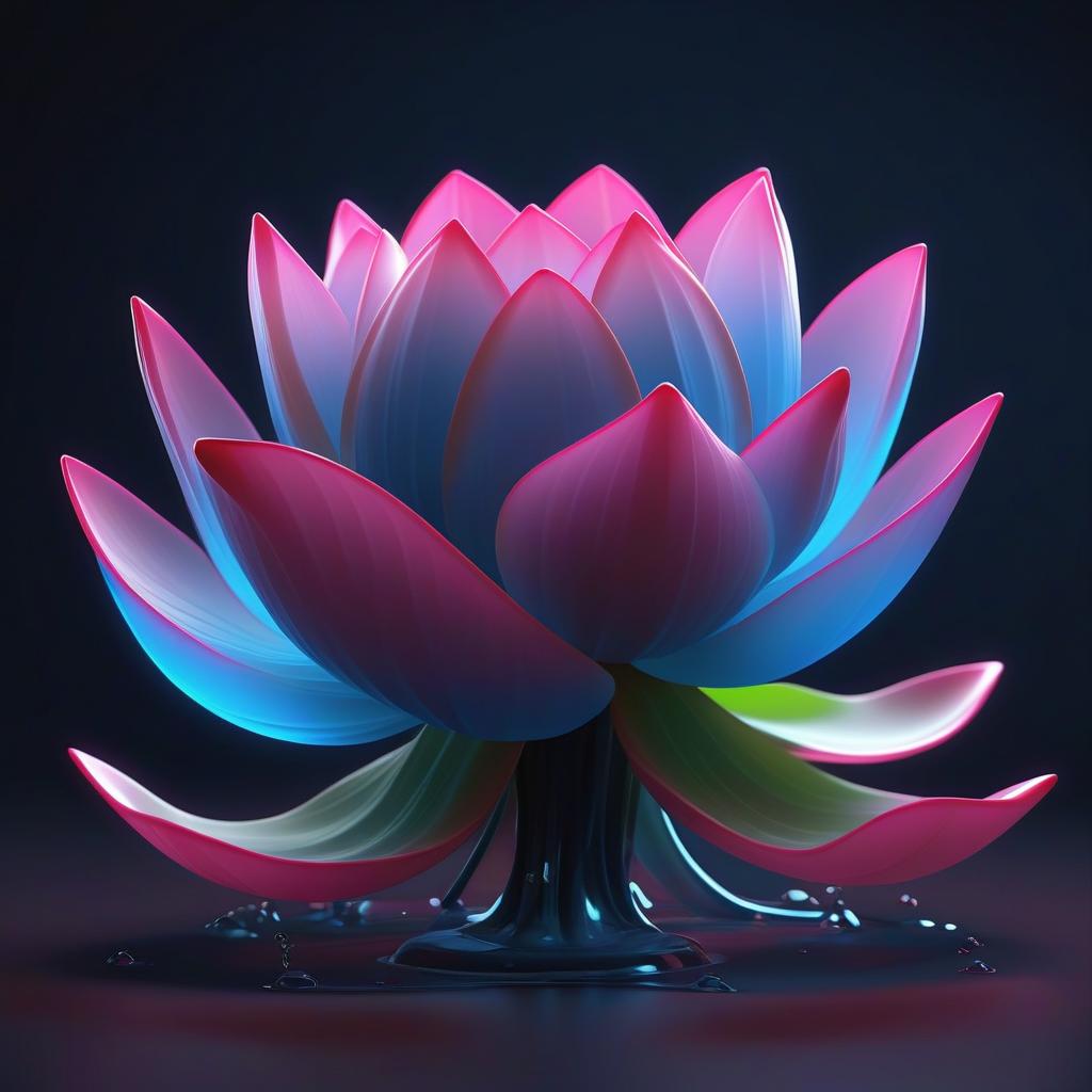  create an abstract 3d model of the lotus bud. use glass as the main material. petals should be transparent, have many bright highlights of blue and pink neon color. around the bud in the air should fly drops of fuzzy shape. background: black. near the rose should be an abstract water ring cloud, creating a levitation effect. lighting: bright neon. style 3d character