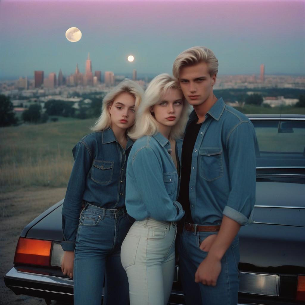  analog film photo a platinum blonde girl takes pictures on a polaroid in a black shirt and stands next to a blonde guy in a denim shirt, standing by a black car, a view from a hill, in the background the city, the time of dusk, a full light moon, the style of the 80 90s. . faded film, desaturated, 35mm photo, grainy, vignette, vintage, kodachrome, lomography, stained, highly detailed, found footage