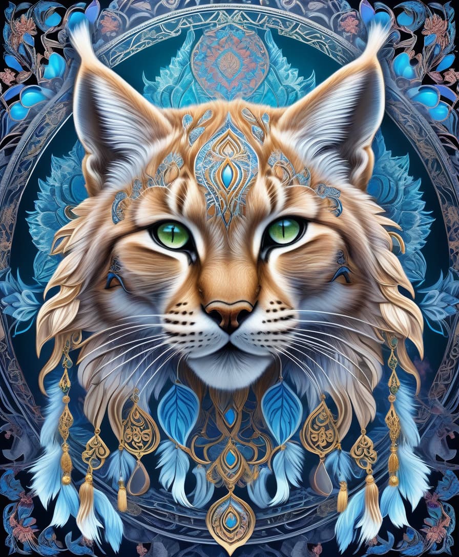  art nouveau style masterpiece, hdr 8k, digital image. conceptual art. (siberian lynx, majestic wildcat, powerful paws, flexible strong body, piercing feline eyes, sharp fangs, tassels on the ears, appearing in ancient russian ethnic ornaments that make up a symmetrical mandala consisting of an endless forest, a wide flowing river and majestic mountains, the mandala is decorated with a fantastic ice pattern). abstract elements: stones, tree leaves, flowers. the effect of dissolving the natural shades of fur in sky waves. filigree finishes, mysterious neon glowing accents, intricate. stylization. neo rococo style. stylish, dynamic, atmospheric. background dissolving abstract patterns in the space:: vignetting:: complex ethnic ornament. myst